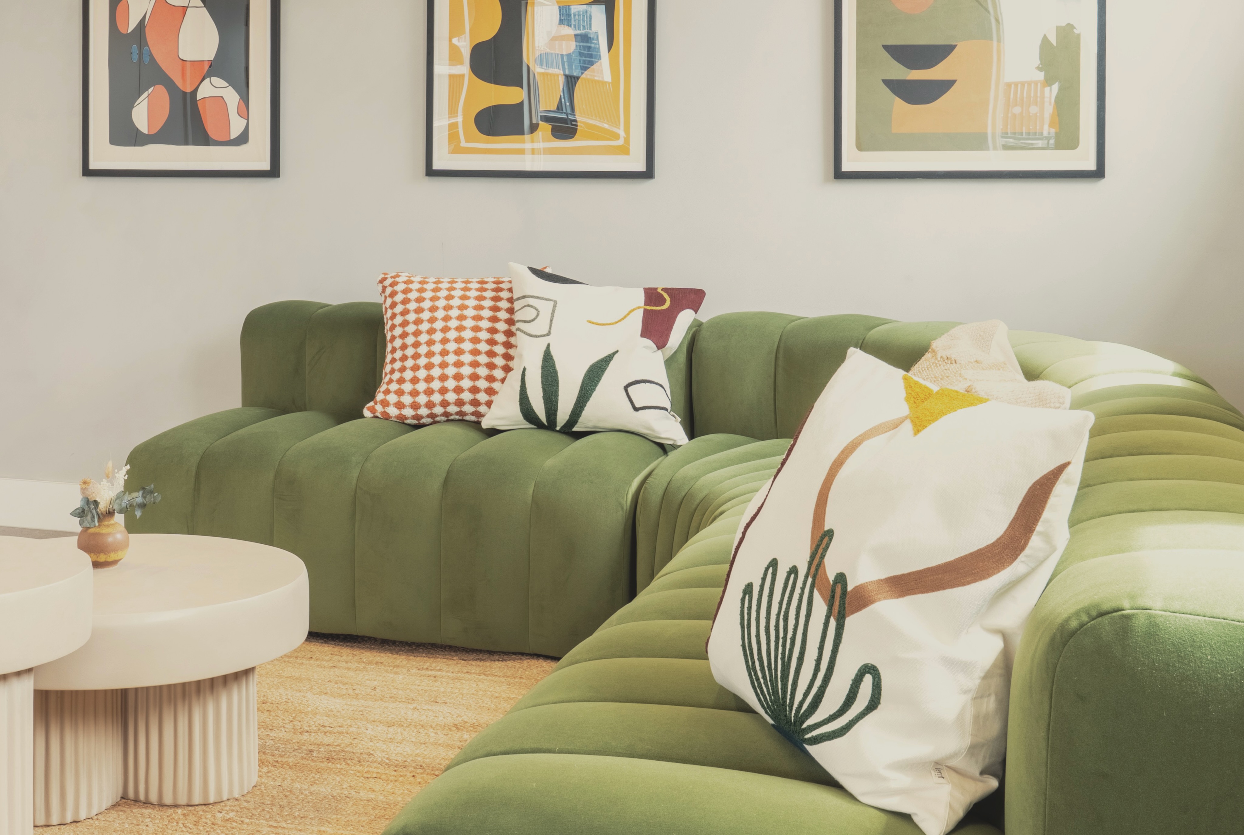 Detail of an olive-green lounge sofa
