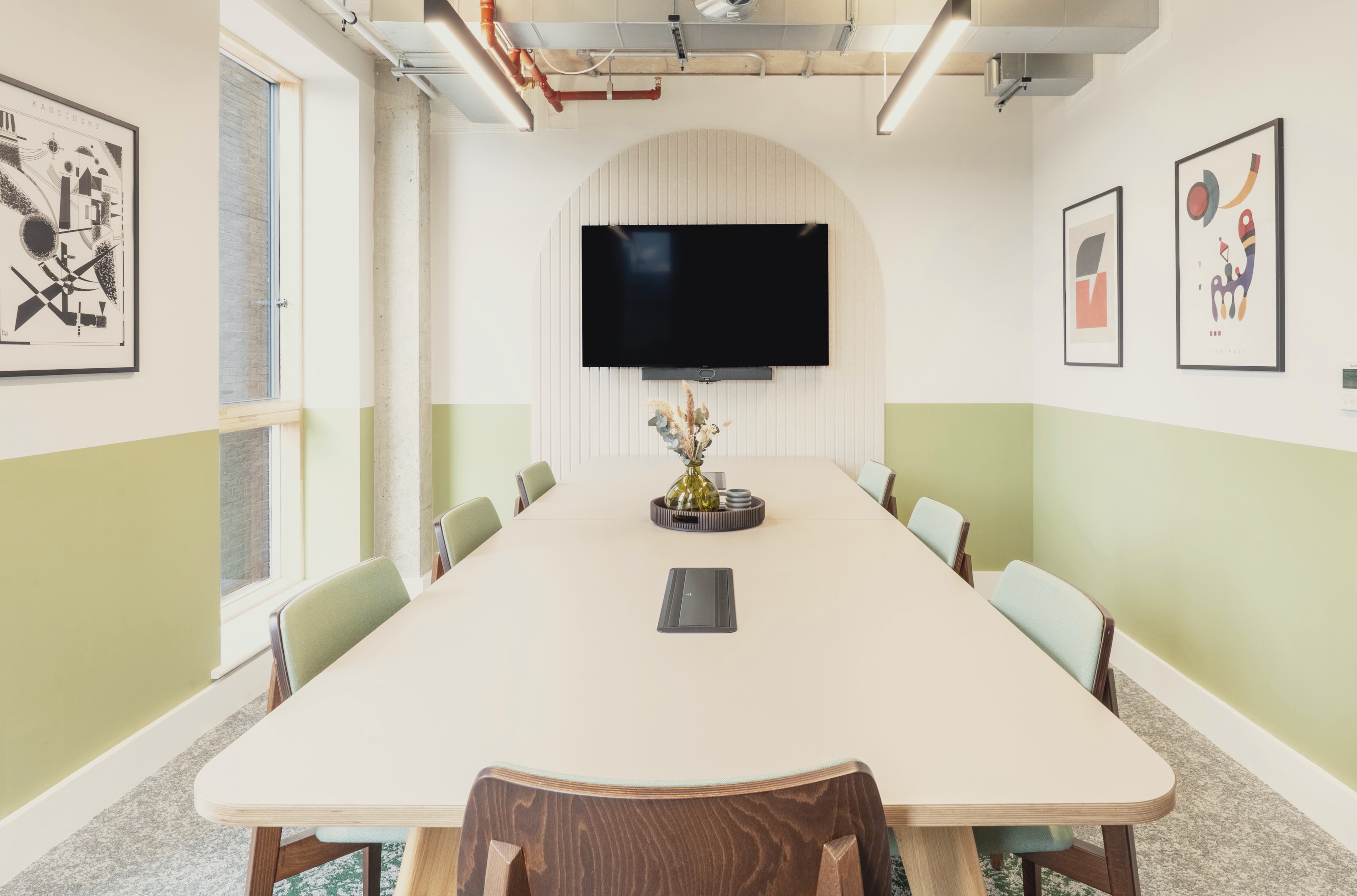 Sage-green conference room