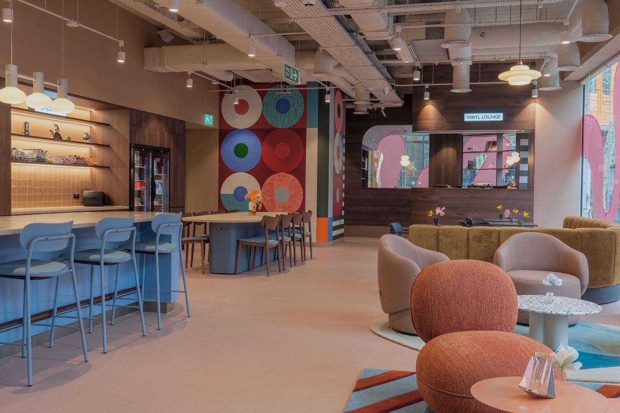 Colourful street-facing bar at Runway East, Covent Garden Socials